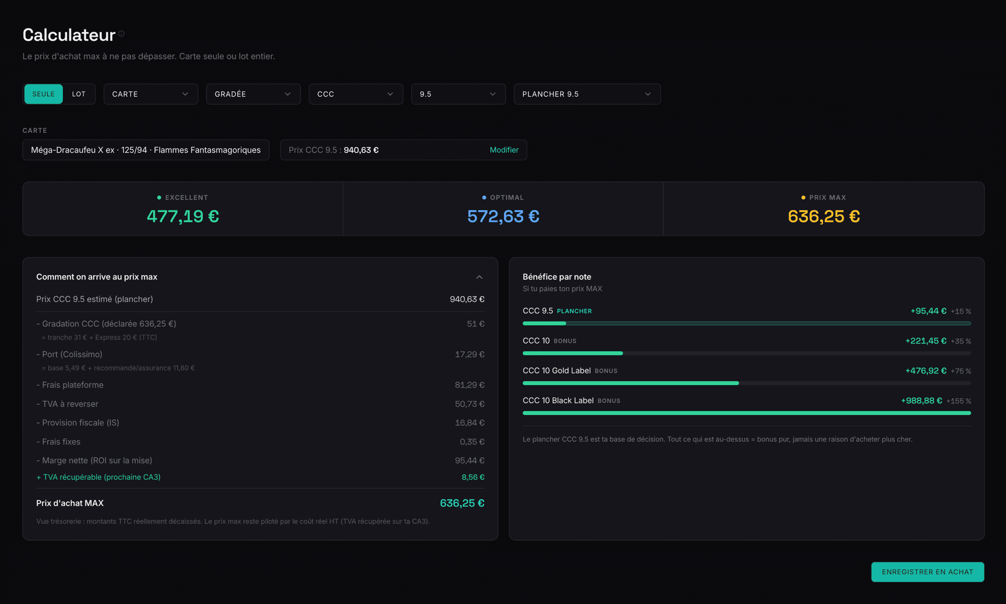 Écran du calculateur GradeFlip : prix d'achat max d'une Méga-Dracaufeu X ex, paliers et détail du calcul