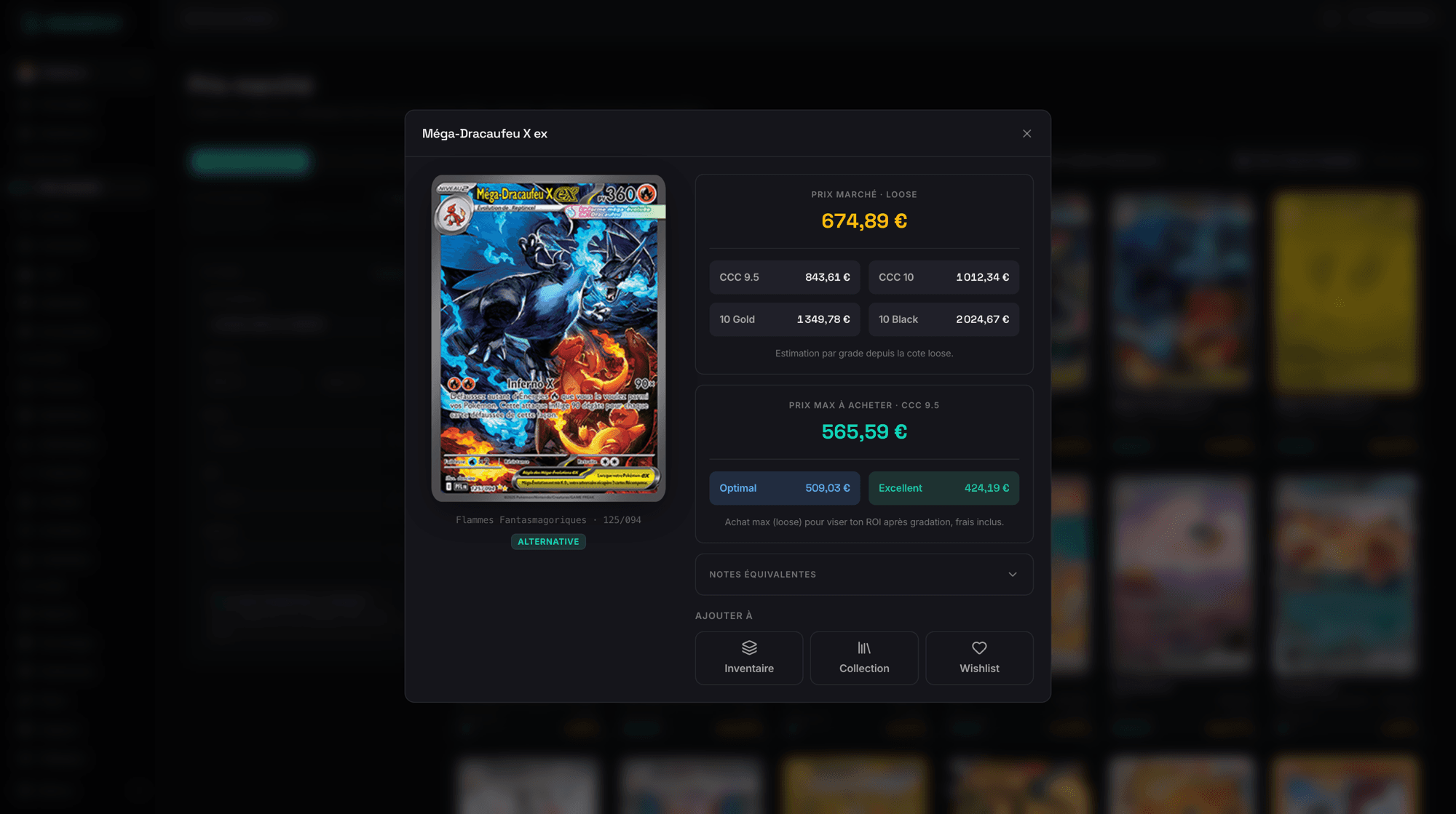 Résultat d'un scan GradeFlip : fiche Méga-Dracaufeu X ex avec prix marché, prix par grade et prix d'achat max