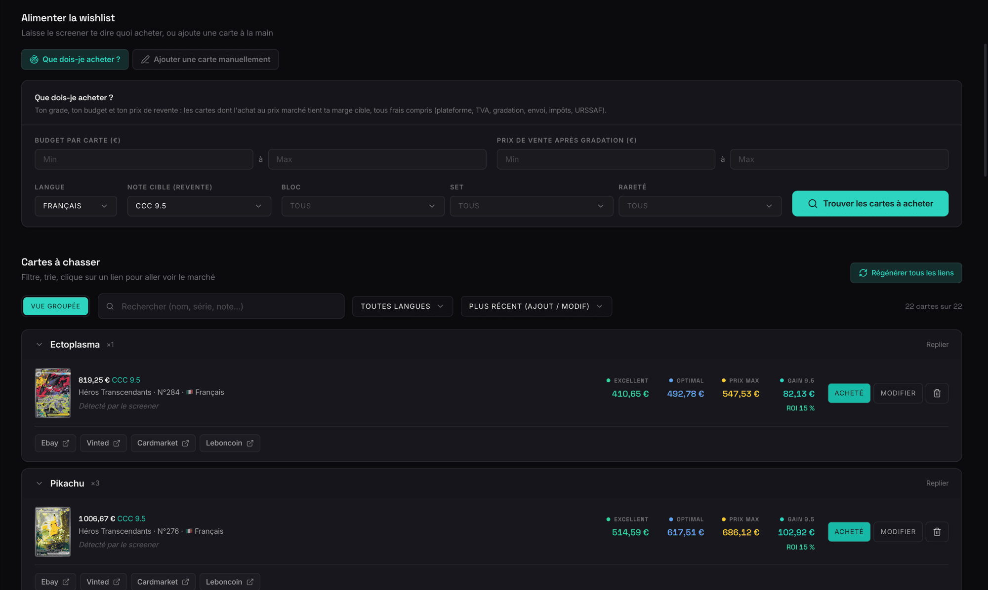 Écran du screener GradeFlip : cartes à chasser (Ectoplasma, Pikachu) avec paliers, ROI et liens eBay, Vinted, Cardmarket, Leboncoin